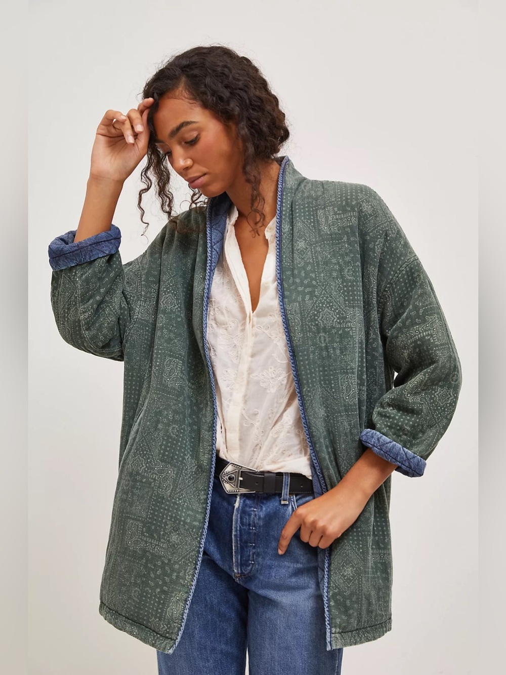 Anthro Current air Bobbie Reversible Quilted Denim Jacket M kimono bandanna